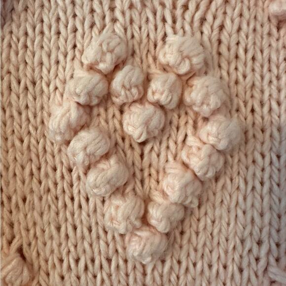 Chic Wish Heart Pom Pom Sweater V Neck Pink Hand Knitted Size S/M Wool Blend NWT - Picture 3 of 6